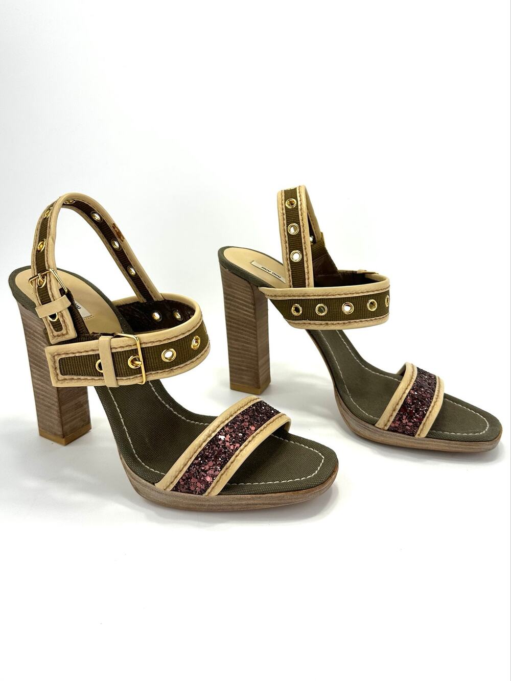 Miu Miu Vintage High Heel Sandal Size 10/41 Olive Green Leather/Glitter Luxury